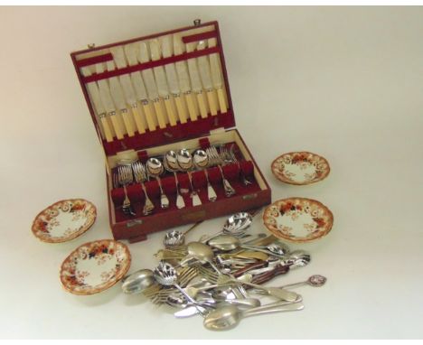 A cased quantity of vintage and other sundry and  boxed silver plated and other cutlery together with seven 19th century Alex