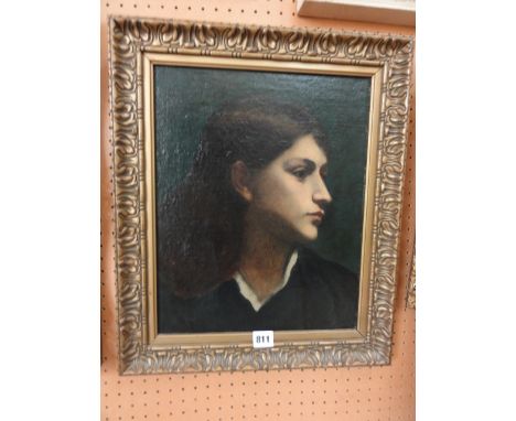 An early 20th century oil painting on canvas, shoulder length profile portrait of a young woman with shoulder length hair and