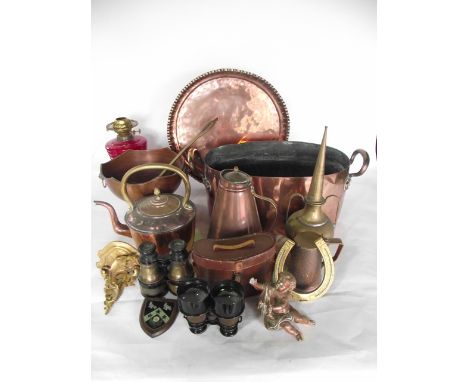 A miscellaneous collection to include a substantial 19th century lined copper domestic pan of oval form with heavy applied ir