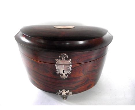 A fine 19th century rosewood veneered tea caddy of bow fronted form with squared sides, with hallmarked silver ornate two sec