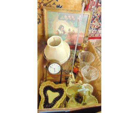 A miscellaneous collection to include an Edwardian mantel clock with enamelled dial, ceramics, lighting, etc