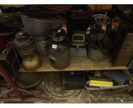 A collection of miscellaneous items to include a selection of galvanised buckets, vintage brass blow lamps, storm lantern, Be