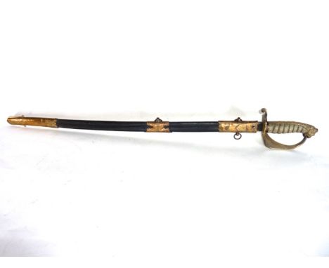 A 19th century British Naval officers sword, by Prout, with gilt hilt, sharkskin grip and lions head pommel, the scabbard bea