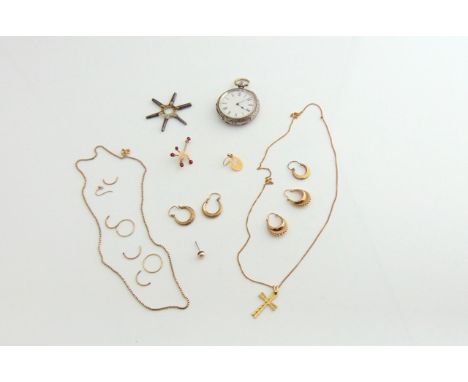 A miscellaneous collection of 9ct gold jewellery, comprising: a pair of hoop earrings, an Africa brooch, a box-link chain, a 