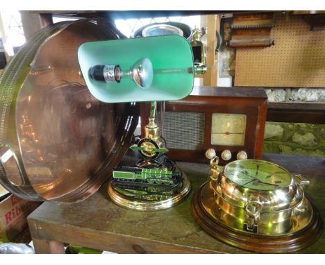 A substantial copper drinks tray with pierced gallery sides together with a brass desk lamp in a limited Flying Scotsman rang