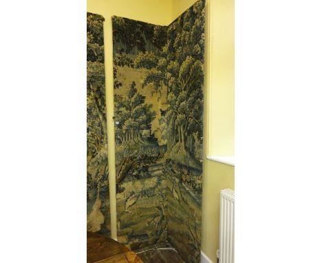 Four large Flemish tapestry panels mounted in pairs, showing woodland, birds, lakeland etc, 240 cm x 130 cm wide