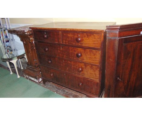 A mid 19th century mahogany chest of three long and two short graduated drawers raised on bracket supports, 108 cm wide