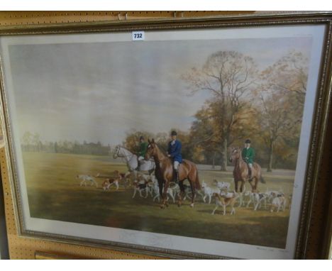 A signed coloured limited edition print after Madeline Selfe showing the Duke of Beaufort with his hounds in Badminton Park 1