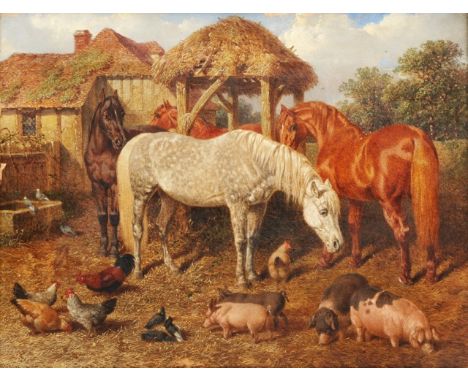 A 19th century oil painting on canvas by John Frederick Herring showing a busy farmyard scene with four horses, pigs and pigl