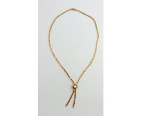 An 18ct gold fancy weave-link tassel necklace, highlighted with a flowerhead motif centred with a pearl, 20.5g