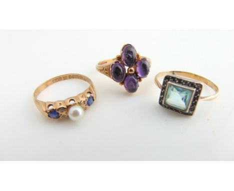 A gem-set ring, centred with four untested cabochon amethysts, in 9ct gold, size N 1/2; a gem-set ring, centred with a pearl,