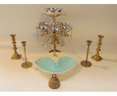 A silver plated dessert/sundae cruet/centre piece, the framework supporting six small pedestal dishes with associated spoons,