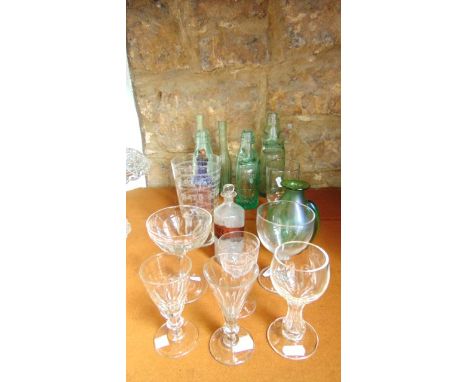 A selection of glassware to include a Victorian Studio Glass vase of bulbous form with flared neck and applied banded detail 