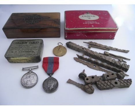 A Jerusalem olive wood box, a Victorian peg work carving of miniature tools etc, a 1914-18 war medal, Victory medal and Faith