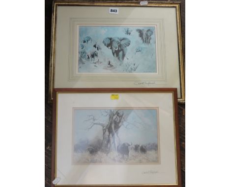 Two coloured prints after David Shepherd, one showing elephant studies, the other buffalo, both signed to mount David Shepher