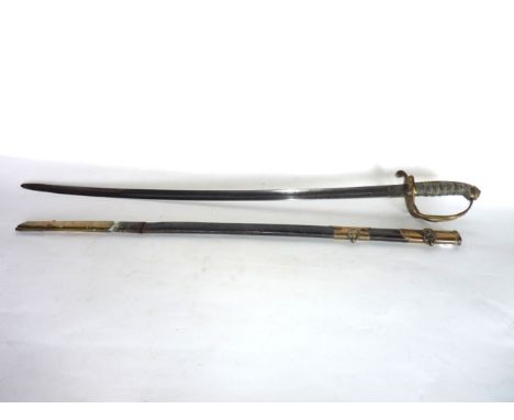 A 1845 pattern Victorian British Infantry officers sword, with gilt hilt, sharkskin grip, the scabbard with brass mounts