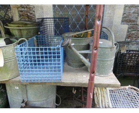 A stack of three vintage light blue painted wirework crates of rectangular form initialled EDC together with a galvanised buc