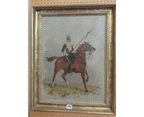 A late 19th century oil painting on canvas by Henry Frederick Lucas Lucas, study of a soldier from the 17th Lancers Regiment,