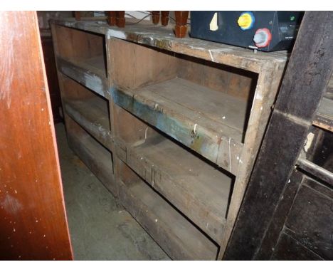 A vintage stripped pine two divisional freestanding side unit with open sloping shelves (possibly grocer shop related for fru