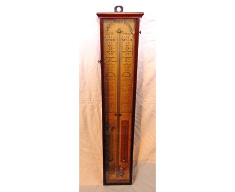 An Admiral Fitzroy barometer set within a mahogany framework with printed paper background