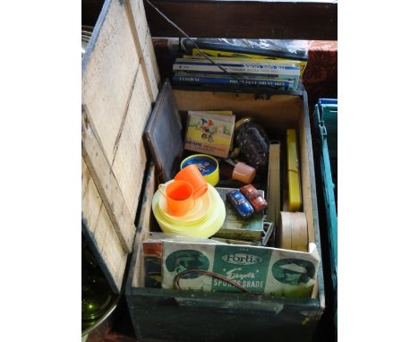 A vintage timber crate containing an assortment of vintage children's toys to include plastic soldiers and further animal fig