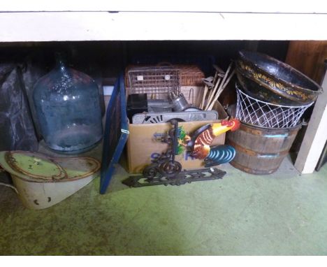 A collection of miscellaneous items to include a coopered oak bucket with loop handle, a wire work basket, a papier mache bow