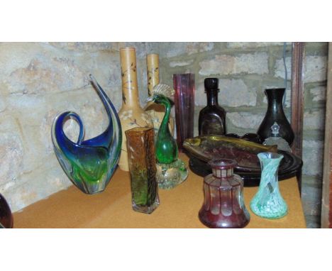 A mixed selection of glassware to include an unusual heavy hand blown glass decanter of squared form with cylindrical neck an