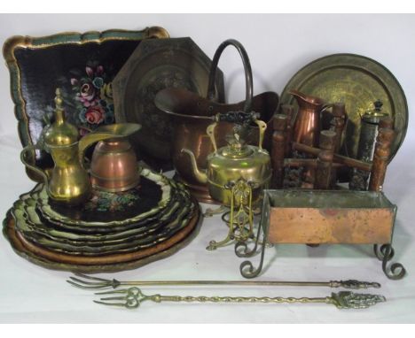 A miscellaneous collection to include a miniature eastern brass topped table raised on a folding timber framework, a brass ke