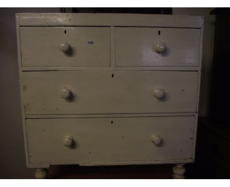 A small Victorian painted pine caddy top bedroom chest of two long and two short drawers raised on turned supports, 86 cm wid