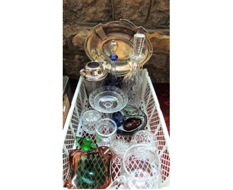 A Studio Glass three sectional dish of rounded triangular form decorated in shades of red and blue together with a substantia