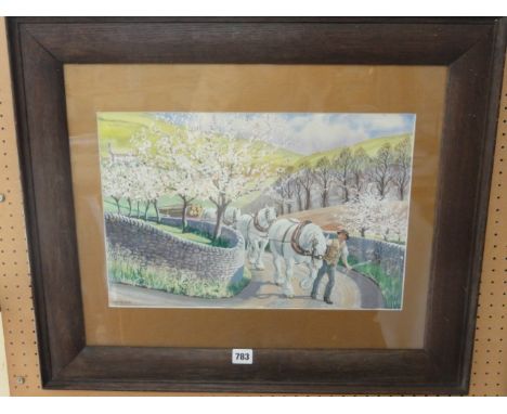 Two 20th century gouache studies of agricultural scenes, one with a team of three heavy horses pulling a load of timber along