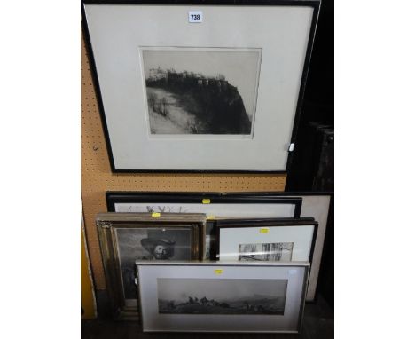 A collection of etchings, engravings, etc, including example showing Edinburgh Castle, signed in pencil bottom right R Matthe