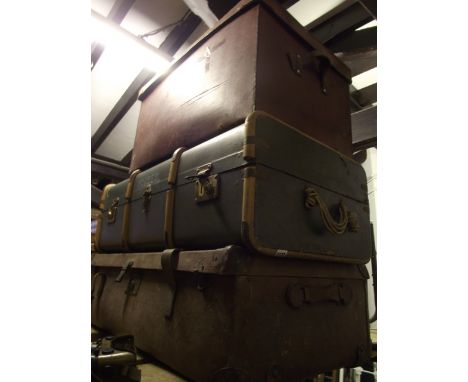 Two vintage trunks of varying design, one timber lathe bound, together with a more contemporary stitched leather example (3)