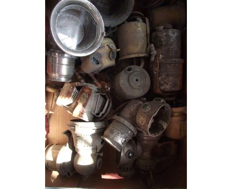 A box containing a quantity of various automobile lamps and parts to include a Joseph Lucas of Birmingham Calcia Club example