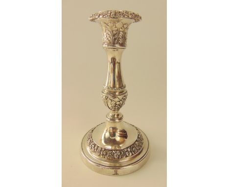 A Georgian silver candlestick, John & Thomas Settle, Sheffield, 1818, decorated with three floral bands and acanthus leaf det