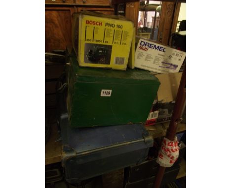 A boxed Dremel multi tool together with a performance power CH150-4 bench grinder, a Bosch 100 planer, a cased Excel circular