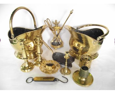 Two polished brass coal hods together with metal wares to include a heavy brass spill vase/strike converted from a shell casi