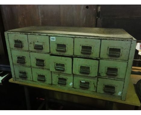 A nest of fifteen vintage industrial steel index filing drawers