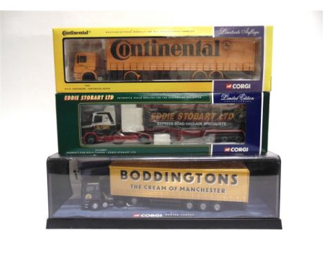 THREE CORGI DIECAST MODEL LORRIES  comprising a No.CC12802, Scania T-Cab Bulk Tipper 'Eddie Stobart'; No.75802, M.A.N. Curtai