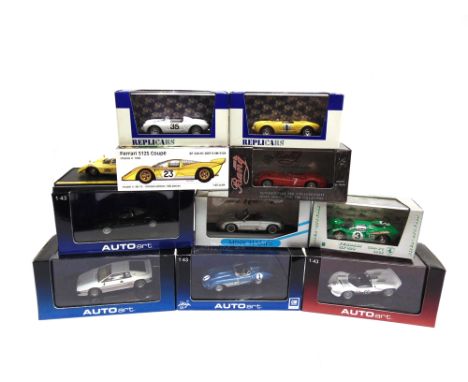 TEN 1/43 SCALE RACING & ROAD CARS  by Auto Art (4), Brumm (3) and others, each mint or near mint and boxed.