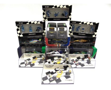 TEN 1/43 SCALE RACING CARS  by Minichamps (4) and others; together with two Minichamps Ayrton Senna helmets; and three Minich