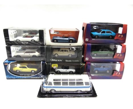 TEN 1/43 SCALE MODEL VEHICLES  including a Bizarre No.BZ335, Cunningham C2-R Road Car; and a Neo No.43745, Reliant Scimitar S
