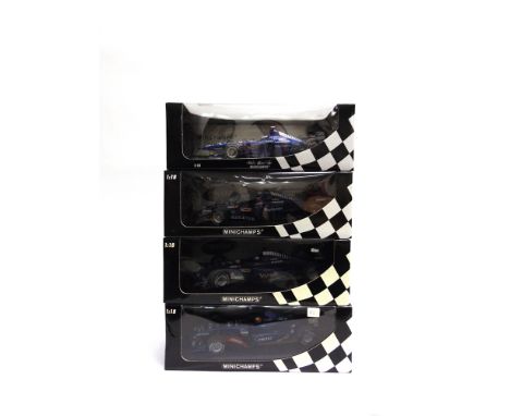 FOUR 1/18 SCALE PROST FORMULA 1 RACING CARS  comprising a Minichamps Prost Showcar 1999 (O. Panis); Minichamps Prost Peugeot 