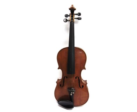 A GERMAN VIOLIN  the two-piece back 35.5cm long, labelled 'Copy of Antonius Stradivarius / Fecit Dresdae Anno', cased; togeth