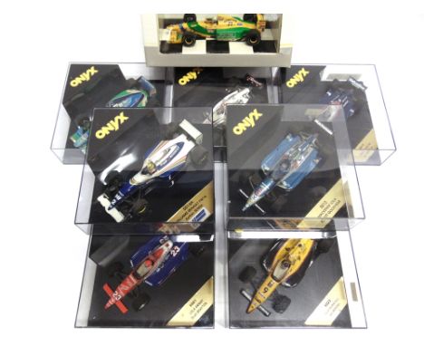 EIGHT 1/24 SCALE RACING CARS  comprising an Onyx No.5018, Benetton Ford B194 (M. Schumacher); Onyx No.5016A, Williams Renault