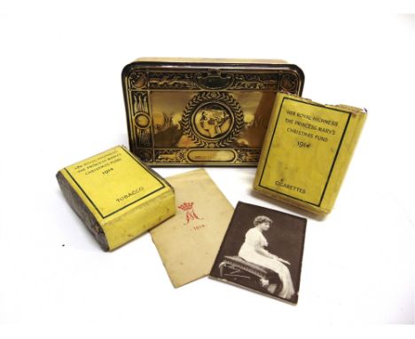 A GREAT WAR PRINCESS MARY CHRISTMAS 1914 BRASS GIFT TIN  complete with original tobacco, twenty cigarettes (packet open), Chr