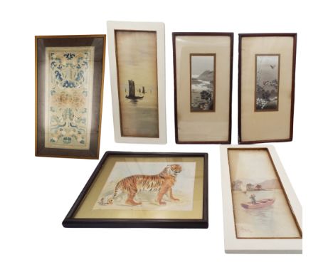 A Chinese silk embroidered panel, 19th century, frame size 54 x 30cm, a Bengal tiger lithograph, two Japanese watercolours, c