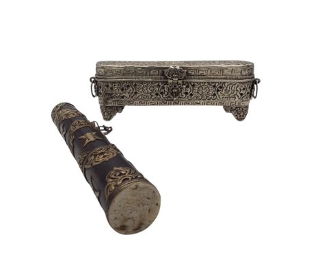 A Tibetan copper scroll holder, early 20th century, length 25cm and a Chinese white metal trinket box, height 8cm, width 23cm