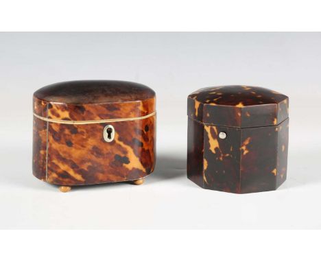 A small 19th century tortoiseshell tea caddy with lidded interior and turned vegetable ivory feet, width 10cm, together with 