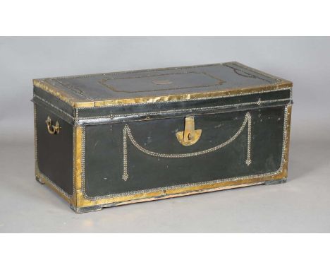 An early 19th century dark green leather and brass mounted camphor trunk, the lid with applied plaque inscribed 'W M Bell Esq